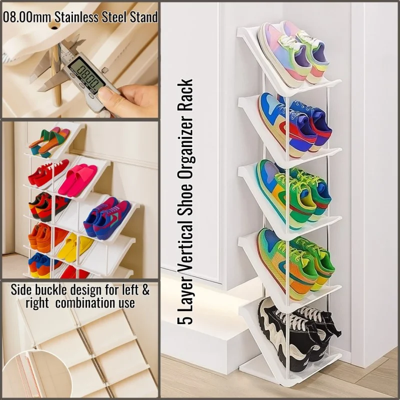  5 Layer Vertical Shoe Rack Space Saving Cabinet With Strong Load Bearing Stainless Steel Stand